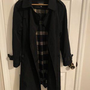 Double Breasted Black Trench Coat with Plaid Polyester Lining